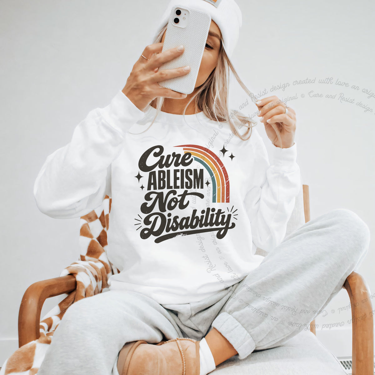 Cure Ableism not Disability Badge Care & Resist Gildan crewneck sweatshirt in White