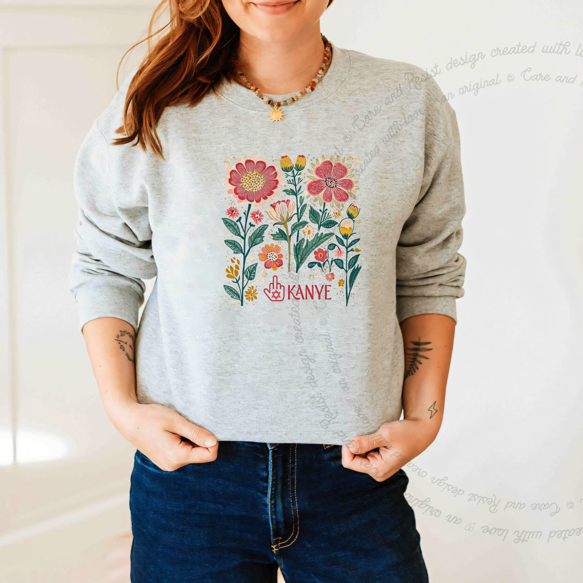 Middle Finger Kanye Care & Resist Gildan crewneck sweatshirt in Sport Grey