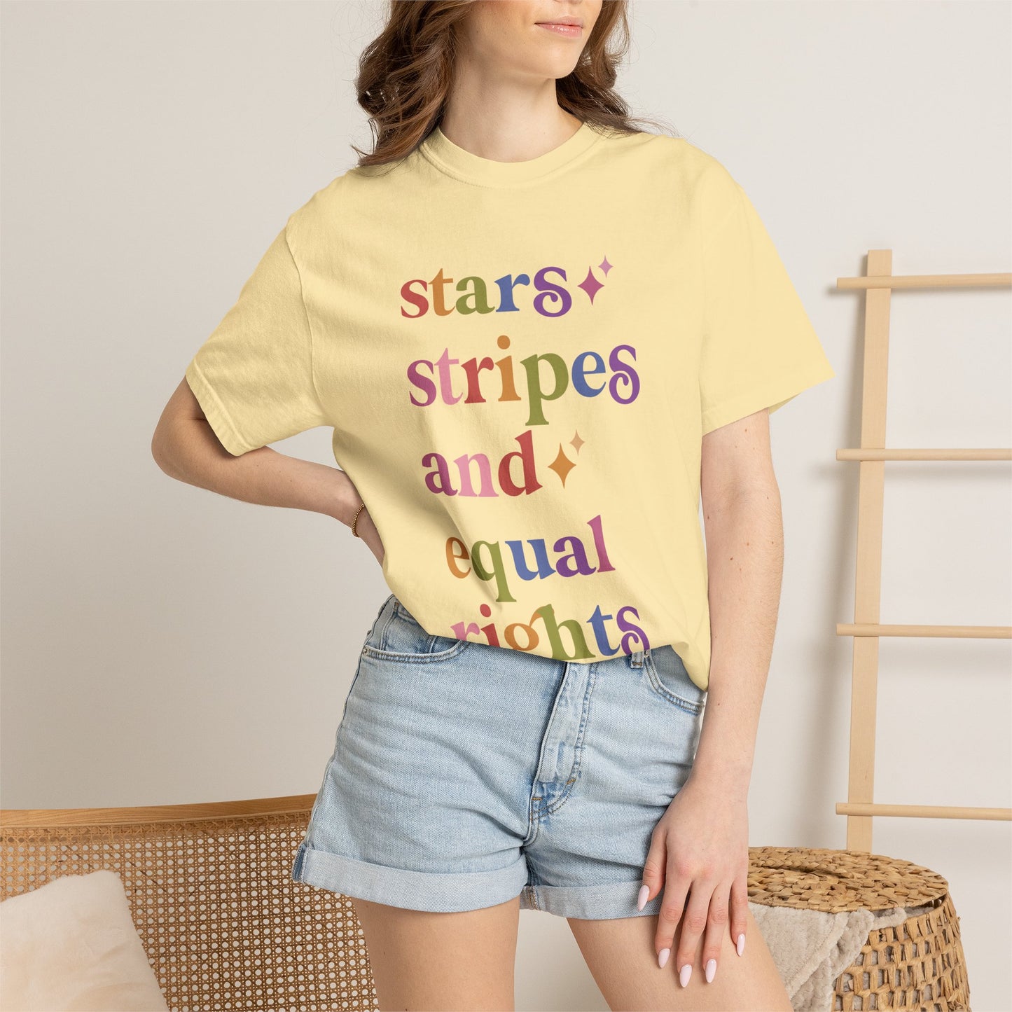 Stars Stripes and Equal Rights Care & Resist rainbow Comfort Colors tee
