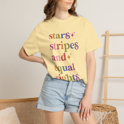 Stars Stripes and Equal Rights Care & Resist rainbow Comfort Colors tee