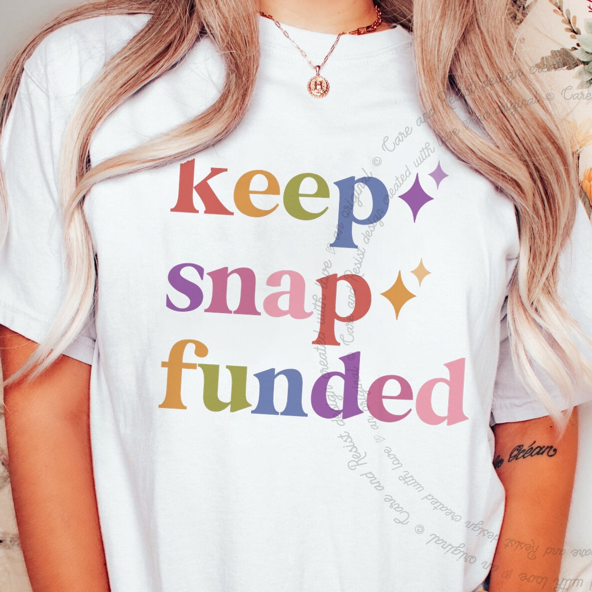 Keep Snap Funded Care & Resist rainbow Comfort Colors tee, White