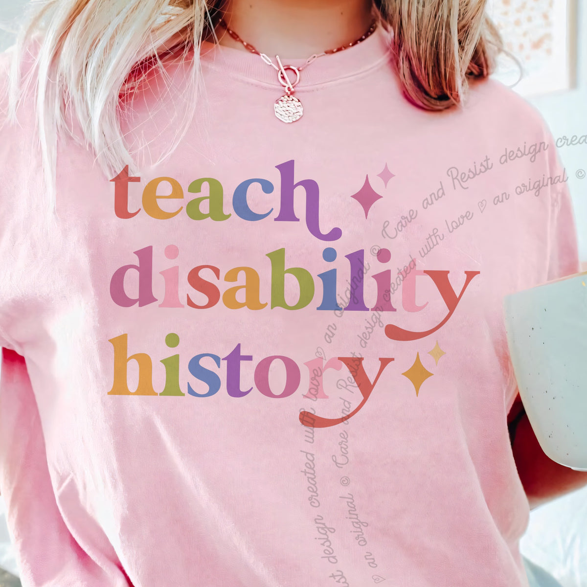 Teach Disability History Care & Resist progressive t-shirt in Blossom