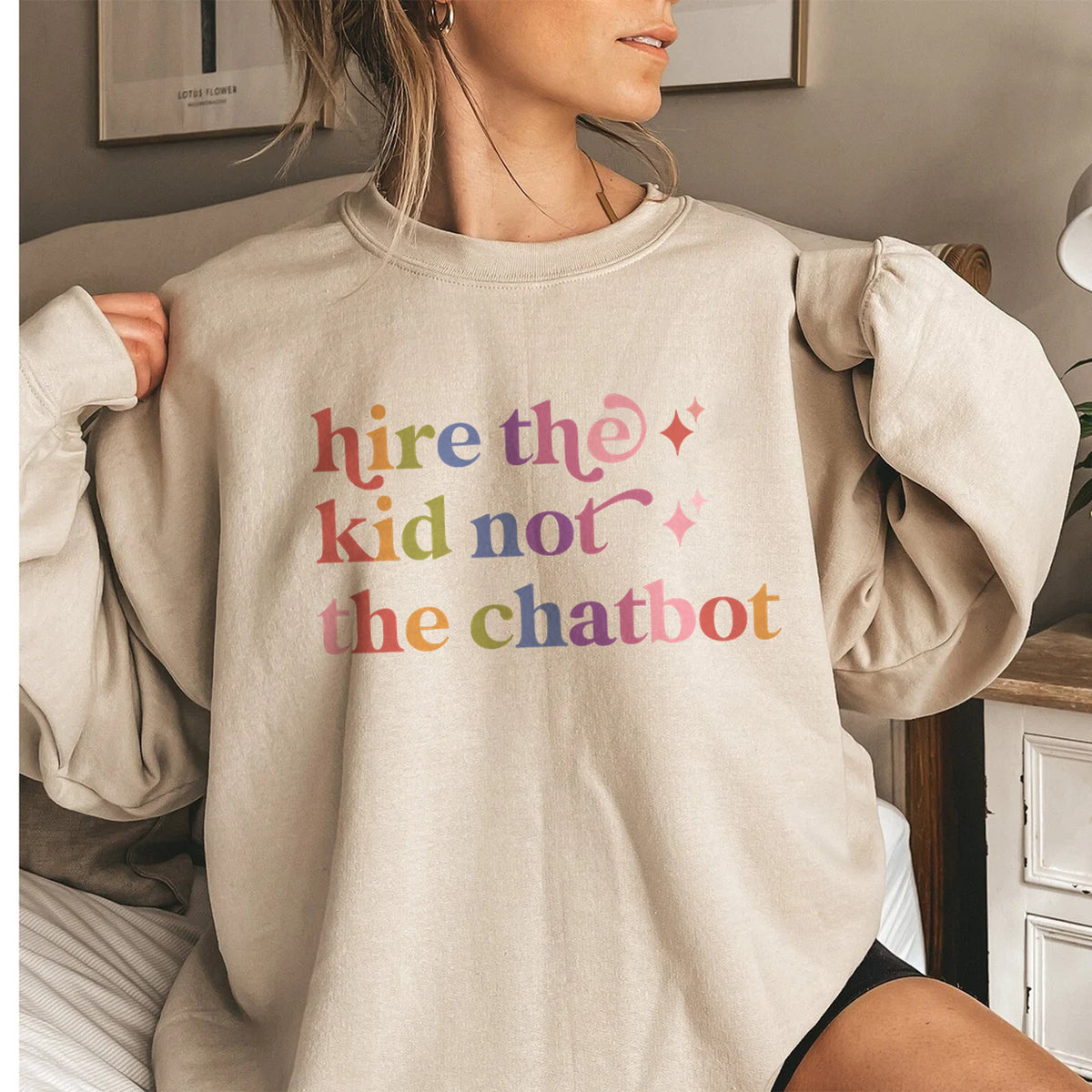 Hire the Kid not the Chatbot Care & Resist Gildan crewneck sweatshirt in Sand