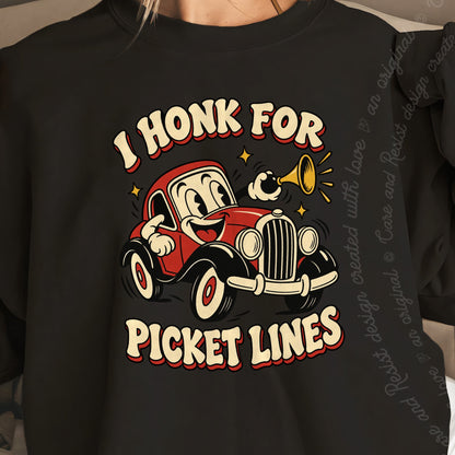 I Honk for Picket Lines Cartoon Care & Resist Gildan crewneck sweatshirt in Black
