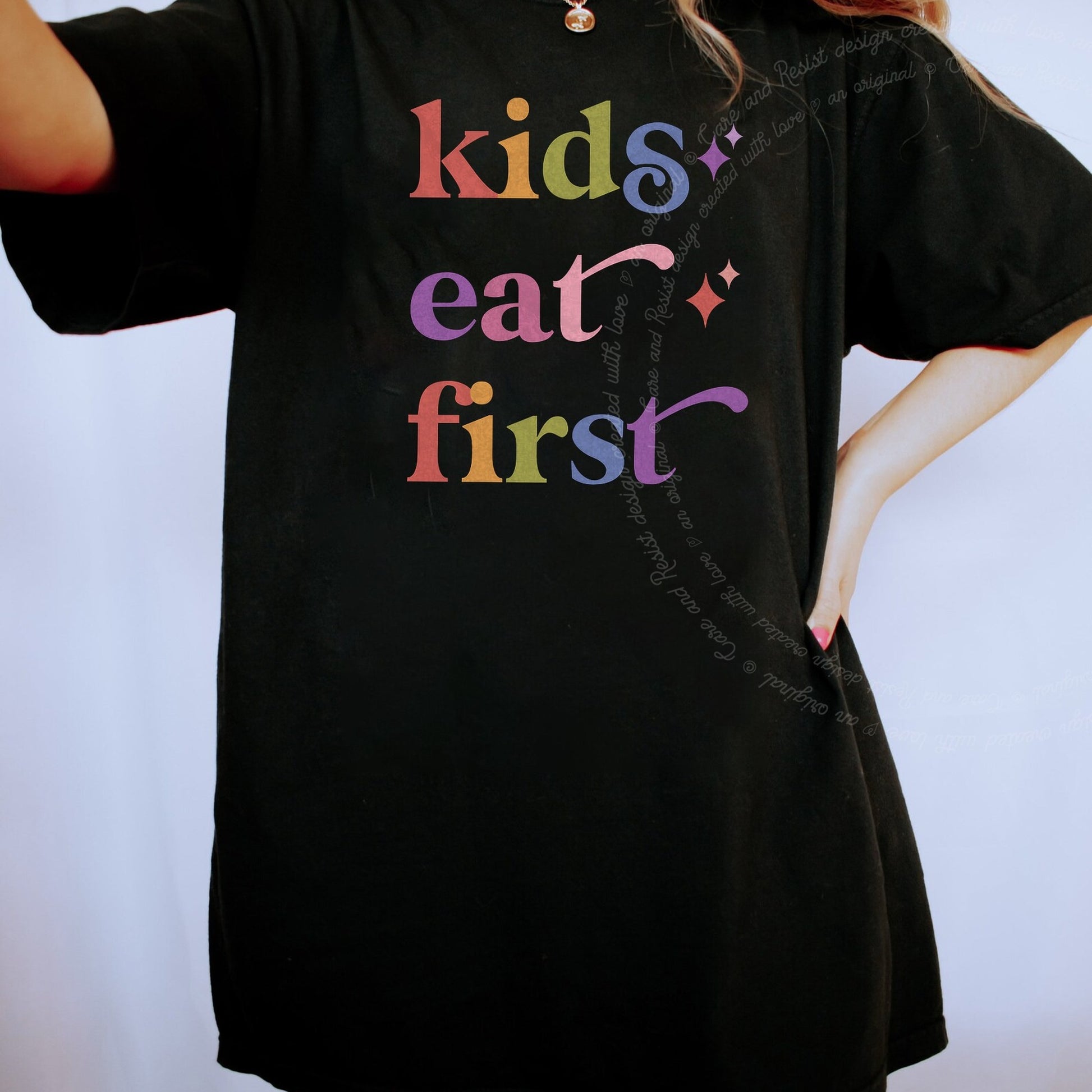 Kids Eat First Care & Resist rainbow tee