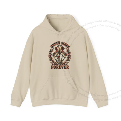 Queer Since Forever Iris Linocut Care & Resist Gildan hoodie in Sand