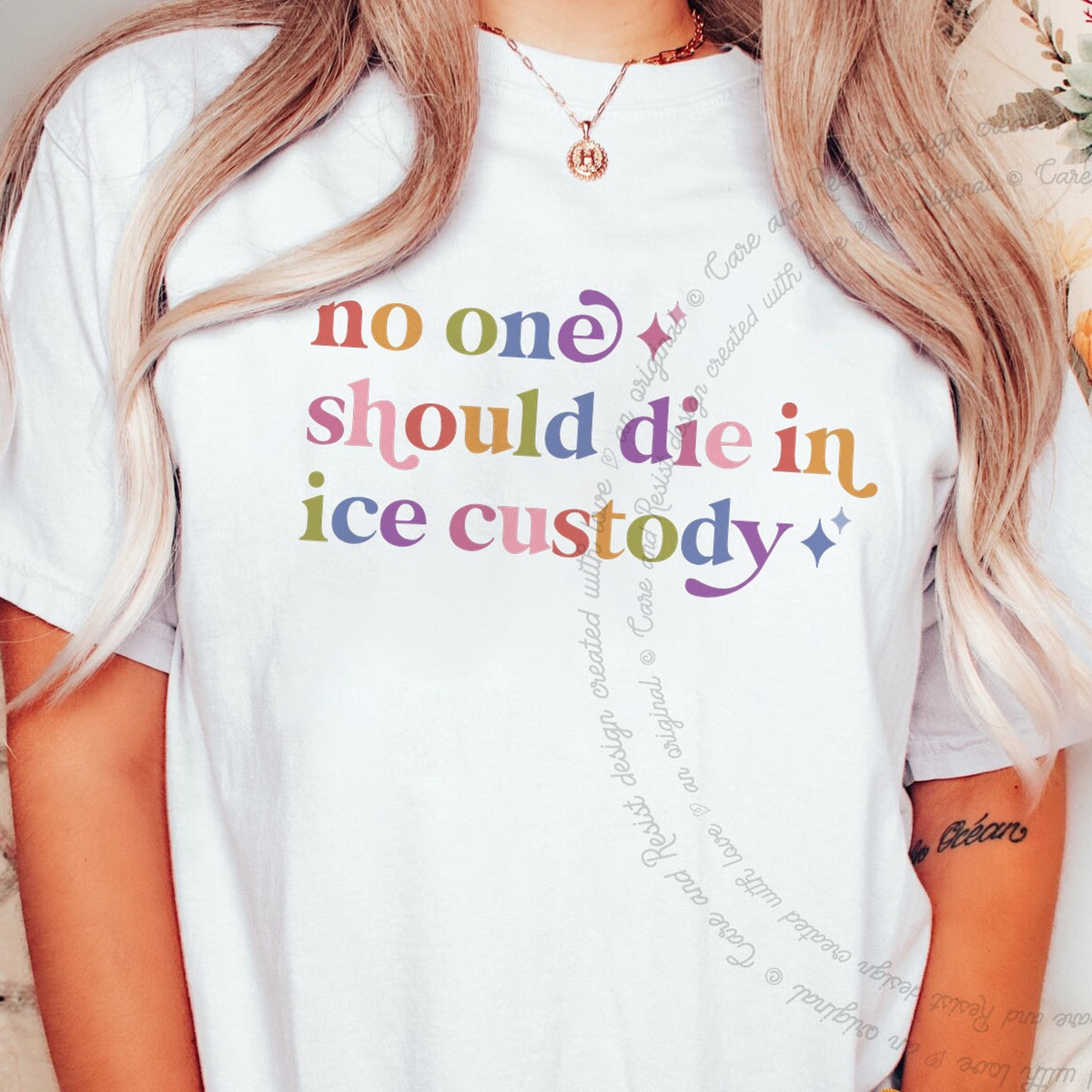 No One Should Die in Ice Custody Care & Resist tee in White