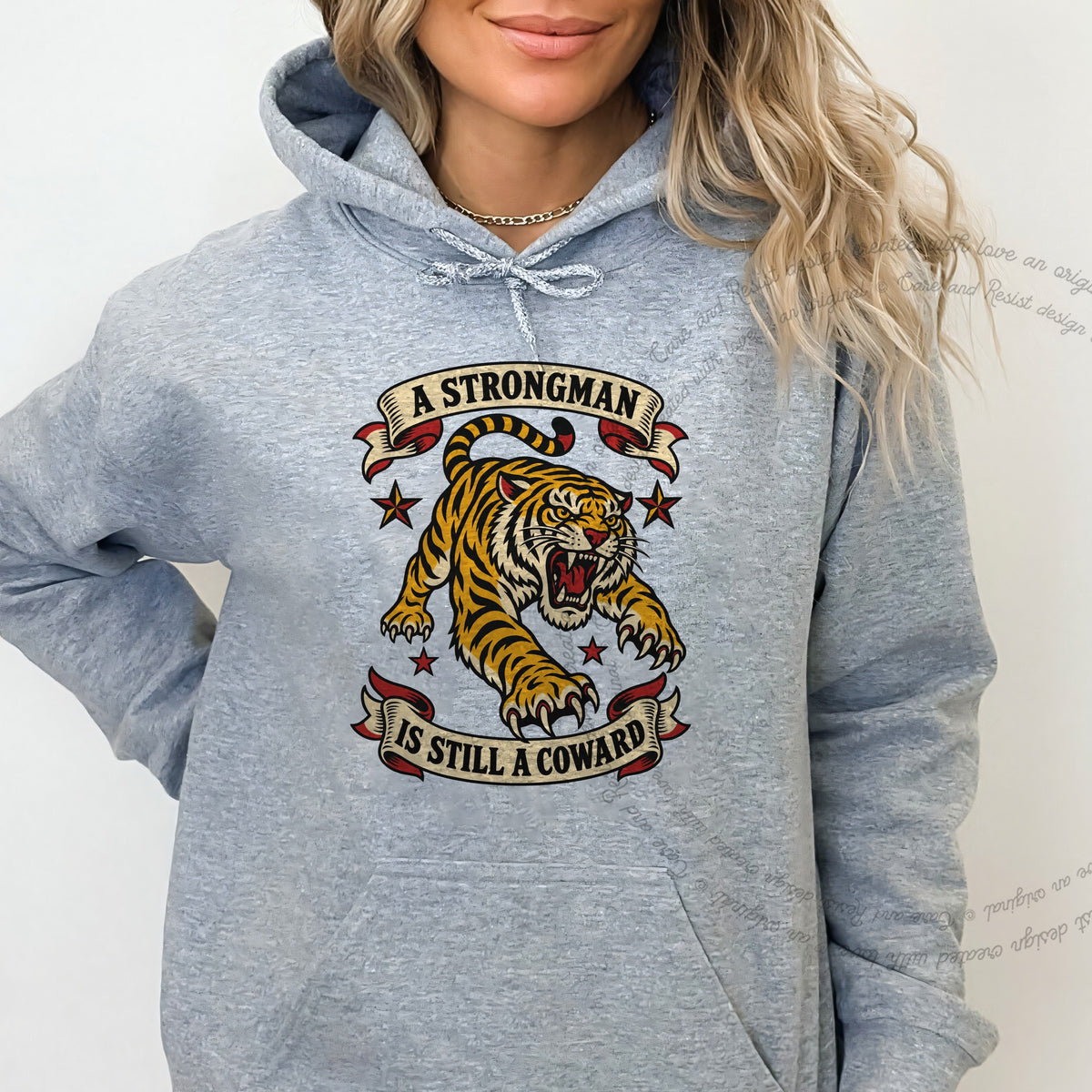 A Strongman is Still a Coward Tiger Care & Resist Gildan hoodie in Sport Grey