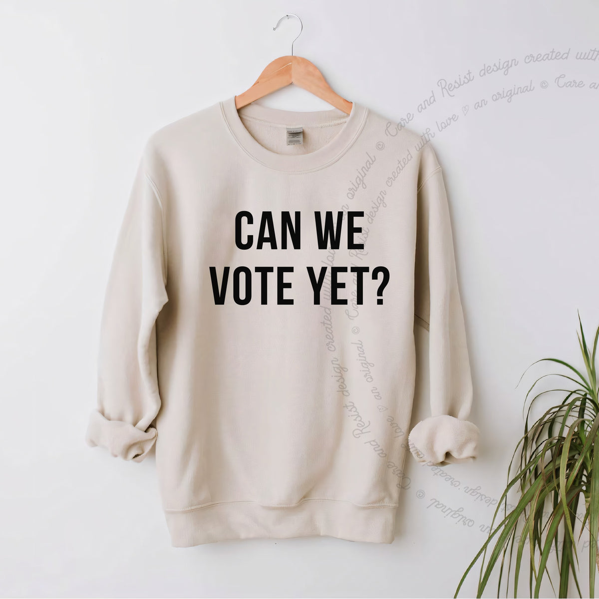 Can We Vote Yet Care & Resist Gildan crewneck sweatshirt in Sand