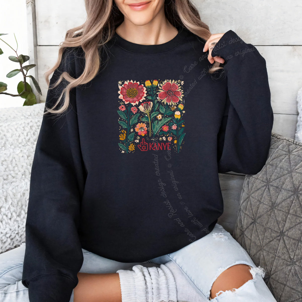 Middle Finger Kanye Care & Resist Gildan crewneck sweatshirt in Black