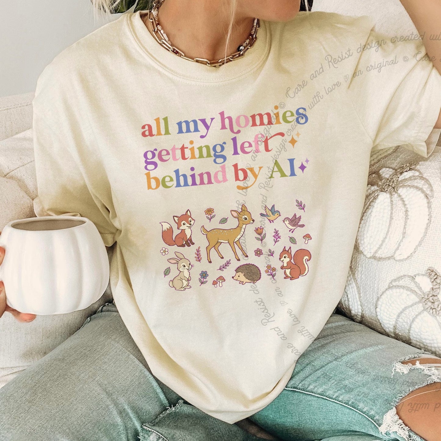All My Homies Getting Left Behind By AI Care & Resist rainbow Comfort Colors tee, Ivory