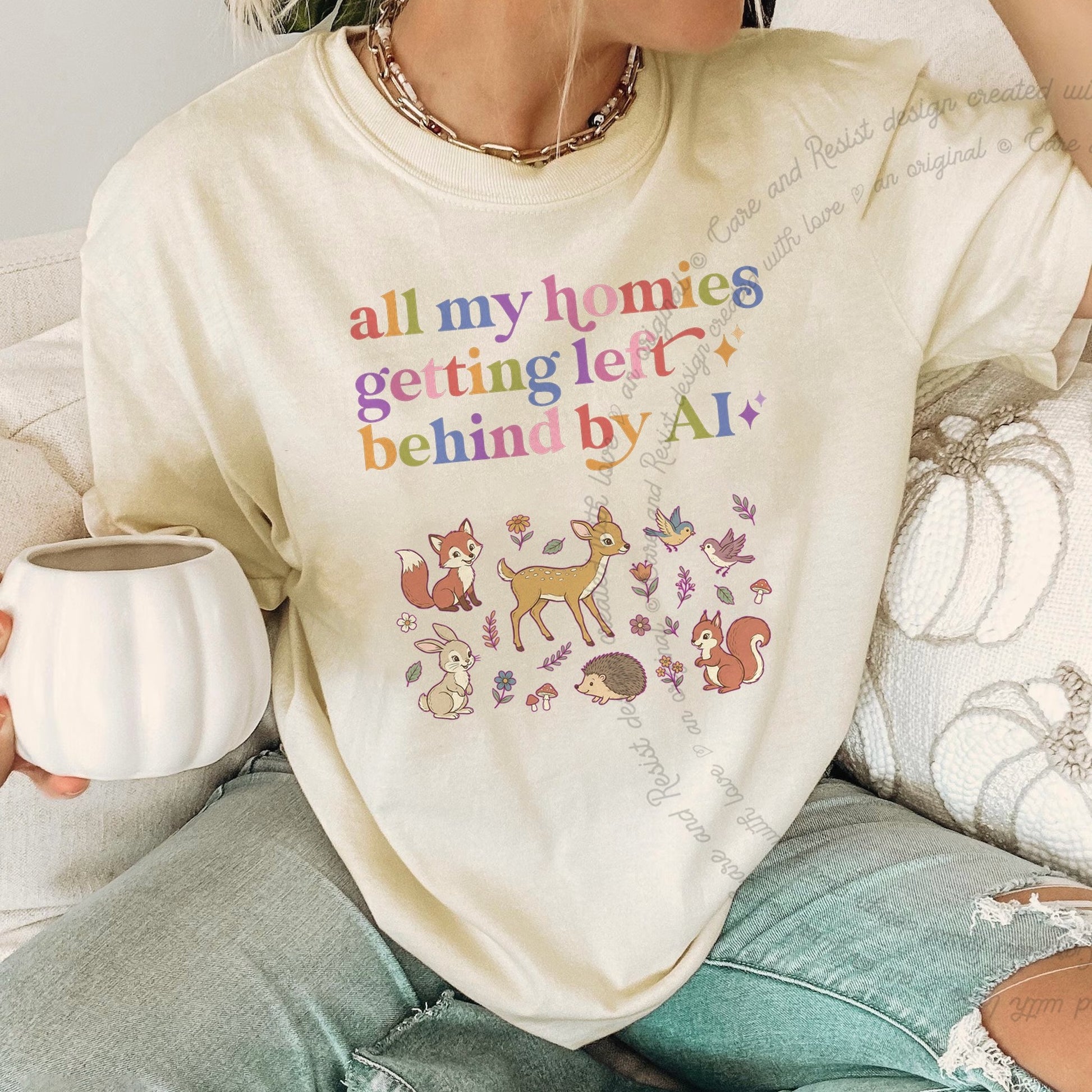 All My Homies Getting Left Behind By AI Care & Resist rainbow Comfort Colors tee, Ivory