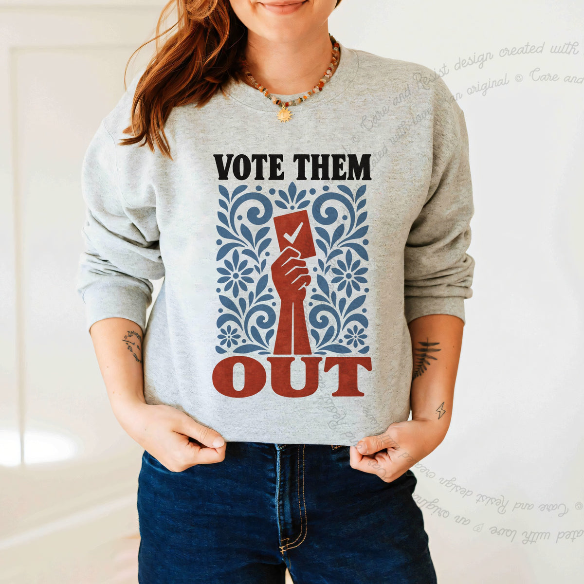 Vote Them Out Folk Ballot Care & Resist Gildan crewneck sweatshirt in Sport Grey