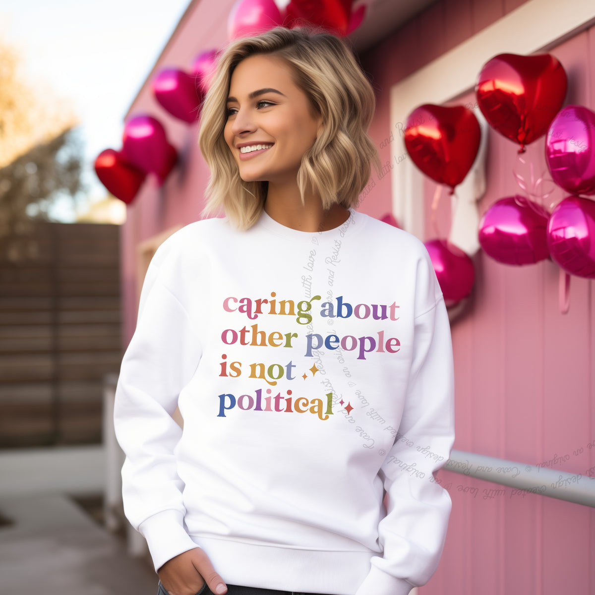 Caring About Other People Is Not Political Care & Resist Gildan crewneck sweatshirt in White
