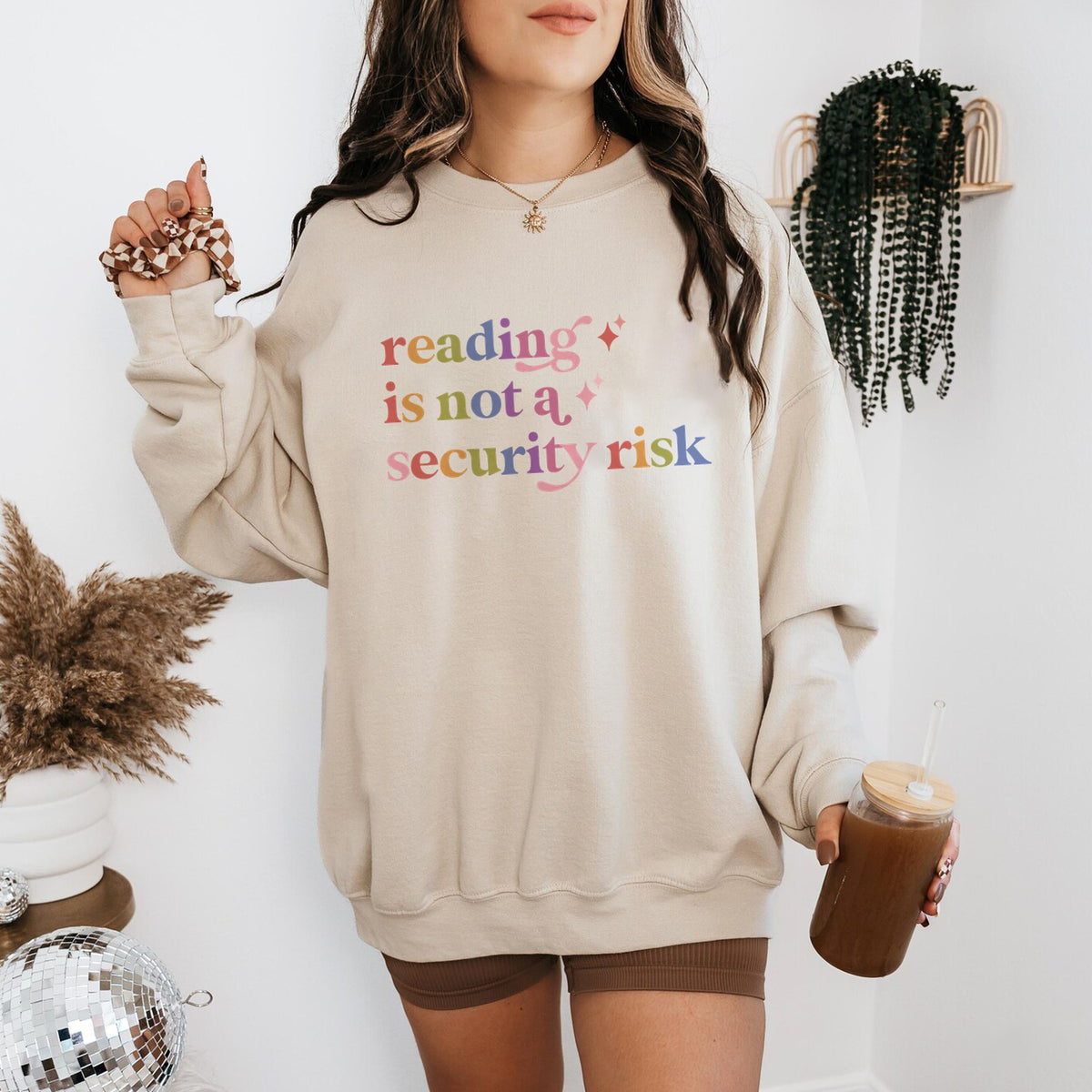Reading is not a Security Risk Care & Resist Gildan crewneck sweatshirt in Sand