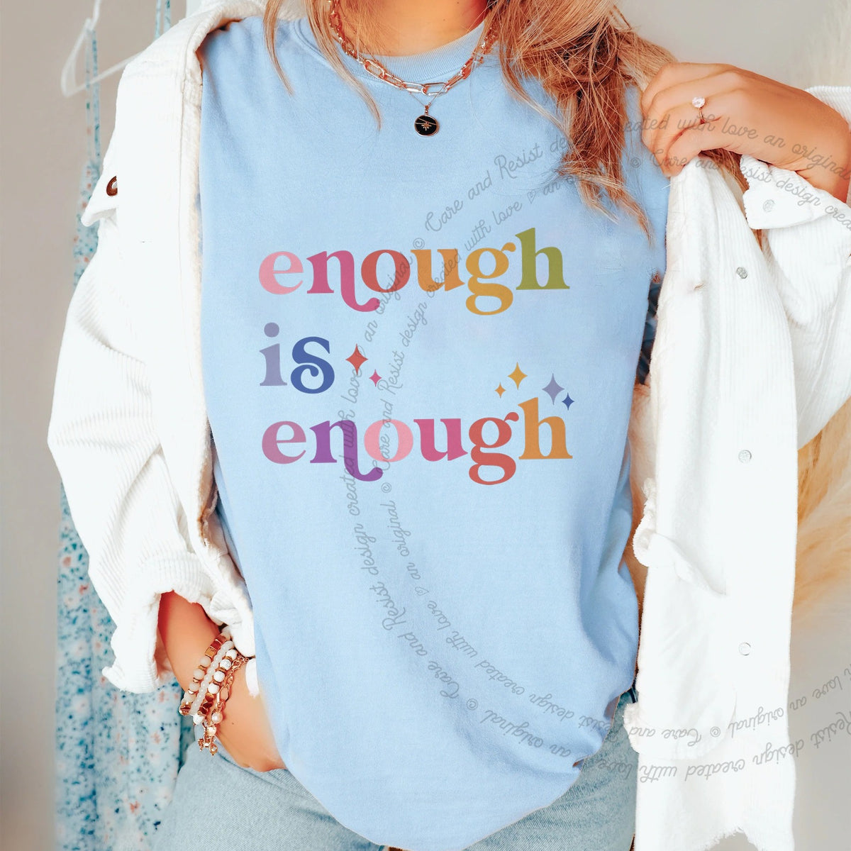 Enough Is Enough Care & Resist progressive t-shirt in Chambray