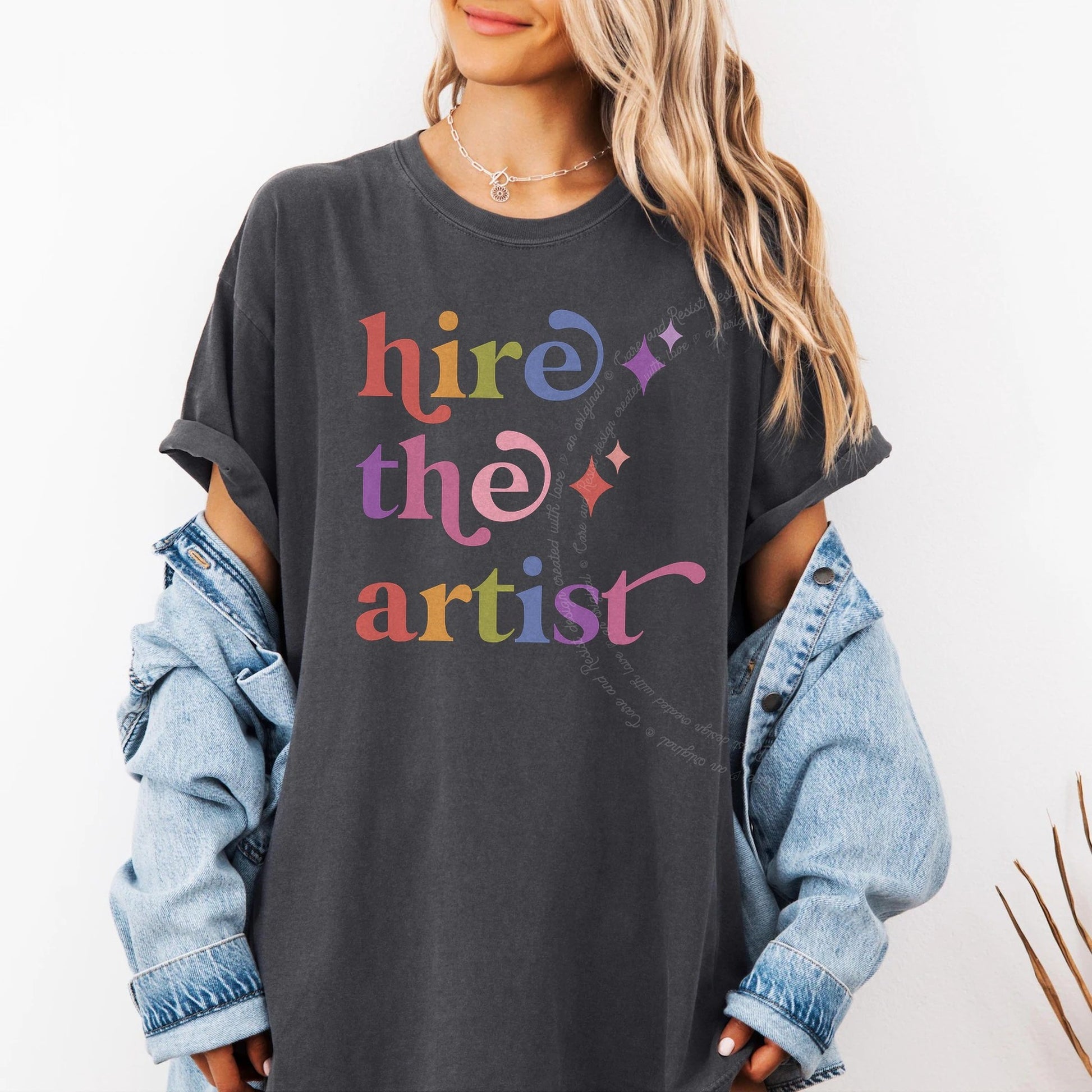 Hire the Artist Care & Resist rainbow Comfort Colors tee, Graphite