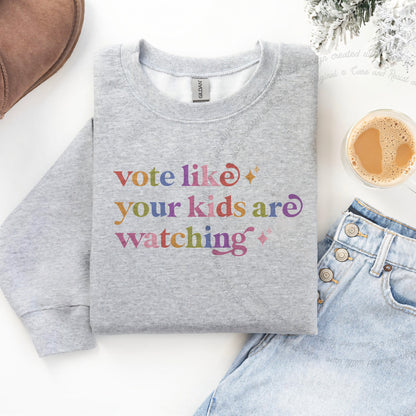 Vote Like Your Kids are Watching Care & Resist Gildan crewneck sweatshirt in Sport Grey