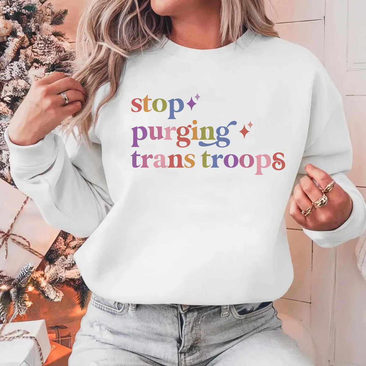 Stop Purging Trans Troops Care & Resist Gildan crewneck sweatshirt in White