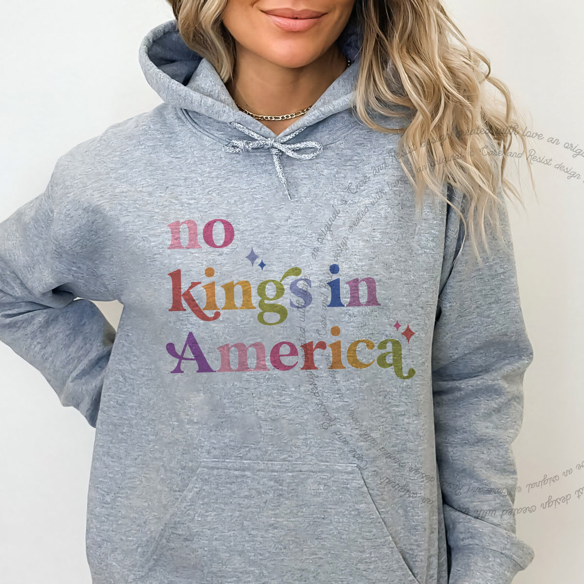No Kings in America Care & Resist Gildan hoodie in Sport Grey