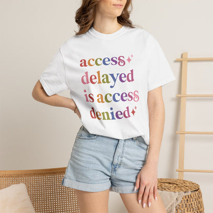 Access Delayed is Access Denied Care & Resist rainbow Comfort Colors tee