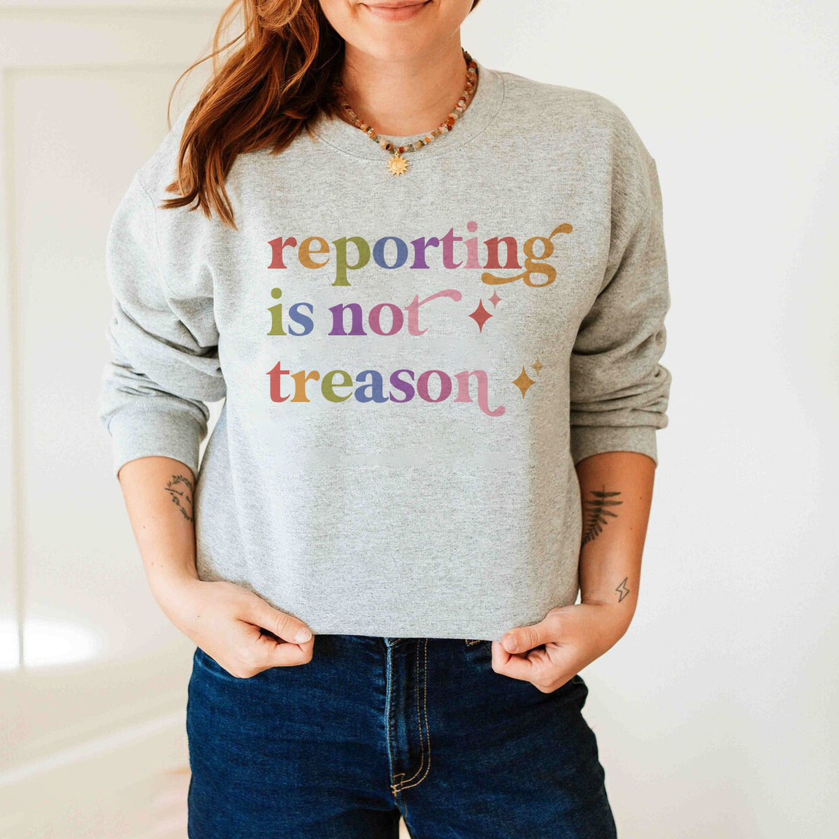 Reporting is not Treason Care & Resist Gildan crewneck sweatshirt in Sport Grey