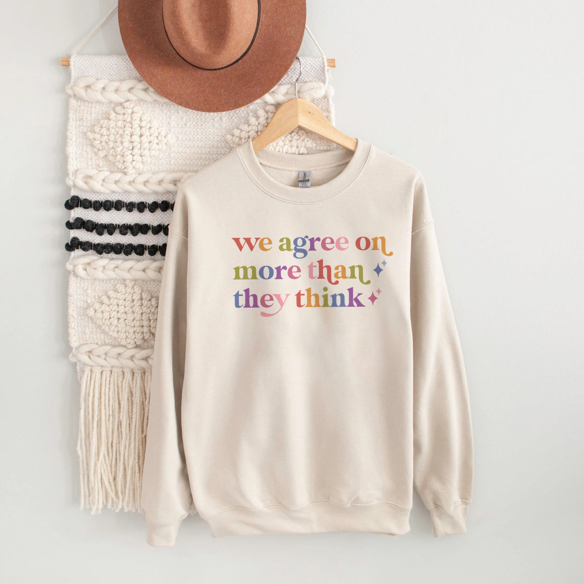 We Agree on More Than They Think Care & Resist Gildan crewneck sweatshirt in Sand