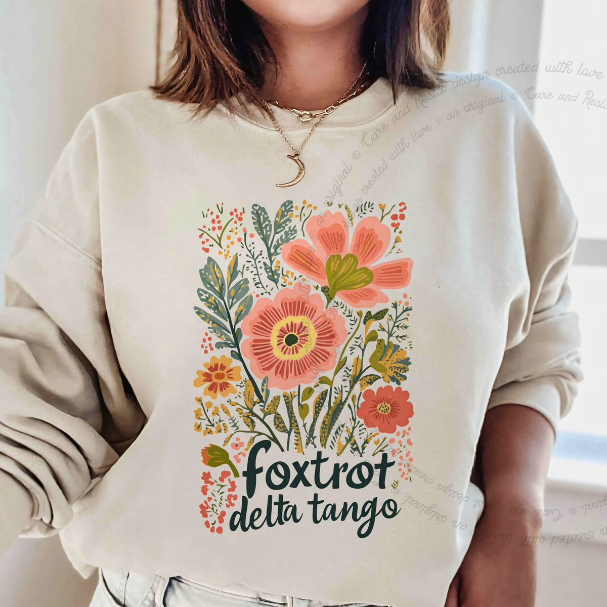 Foxtrot Delta Tango Care & Resist Gildan crewneck sweatshirt in Sand