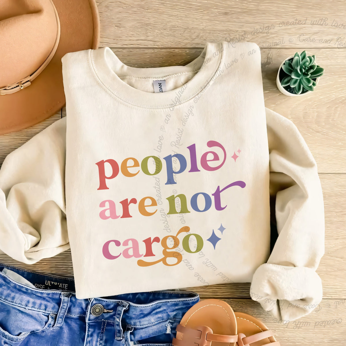 People are not Cargo Care & Resist Gildan crewneck sweatshirt in Sand