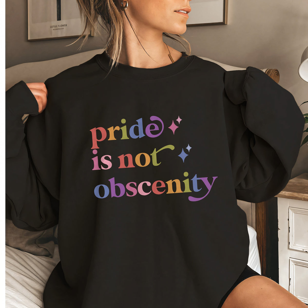 Pride is not Obscenity Care & Resist Gildan crewneck sweatshirt in Black