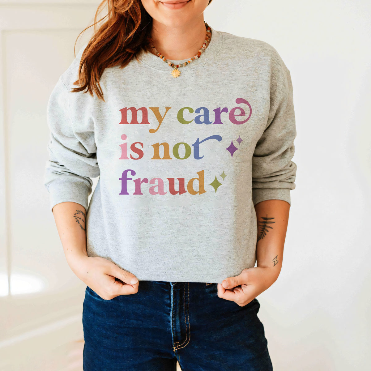 My Care is not Fraud Care & Resist Gildan crewneck sweatshirt in Sport Grey