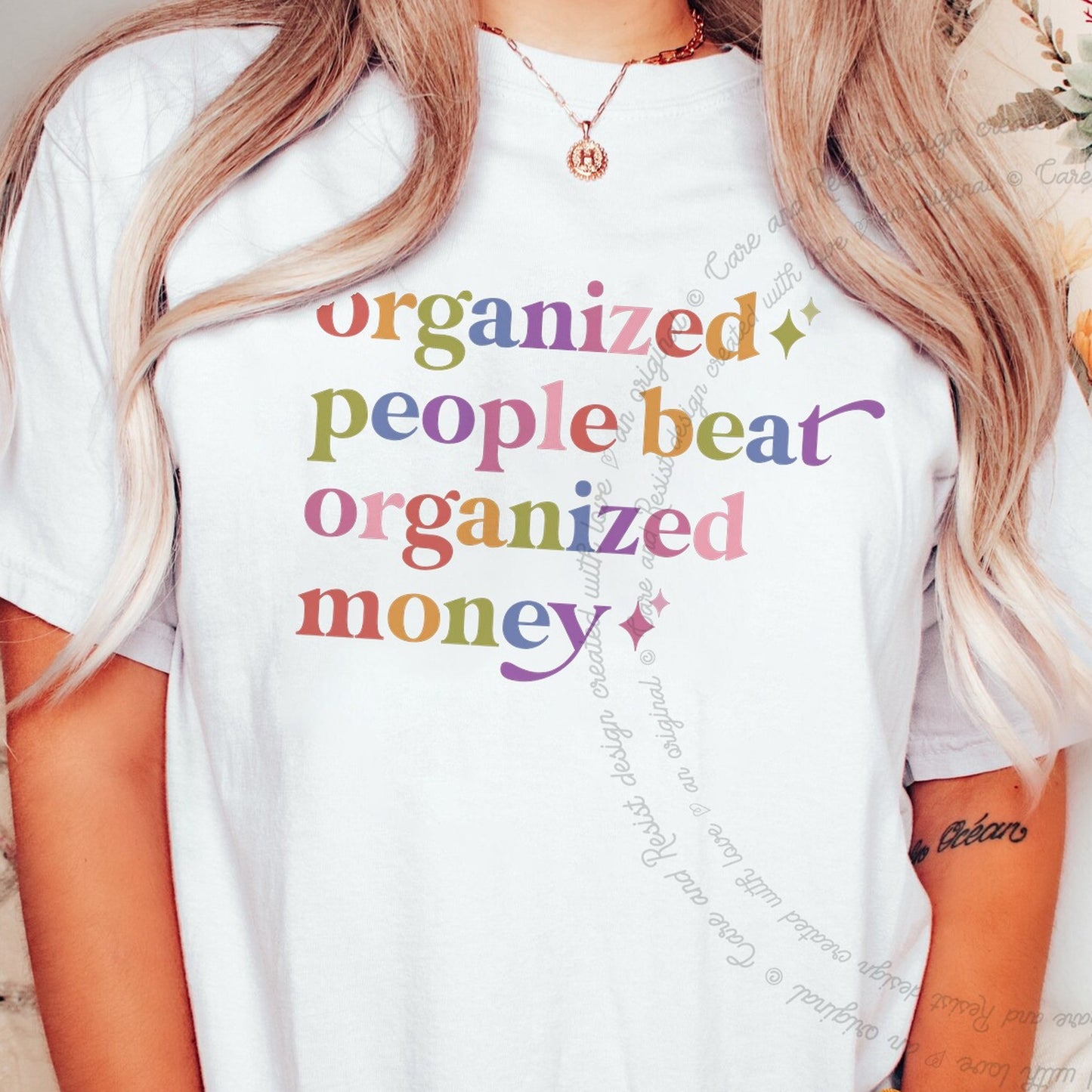 Organized People Beat Organized Money Care & Resist rainbow Comfort Colors tee, White