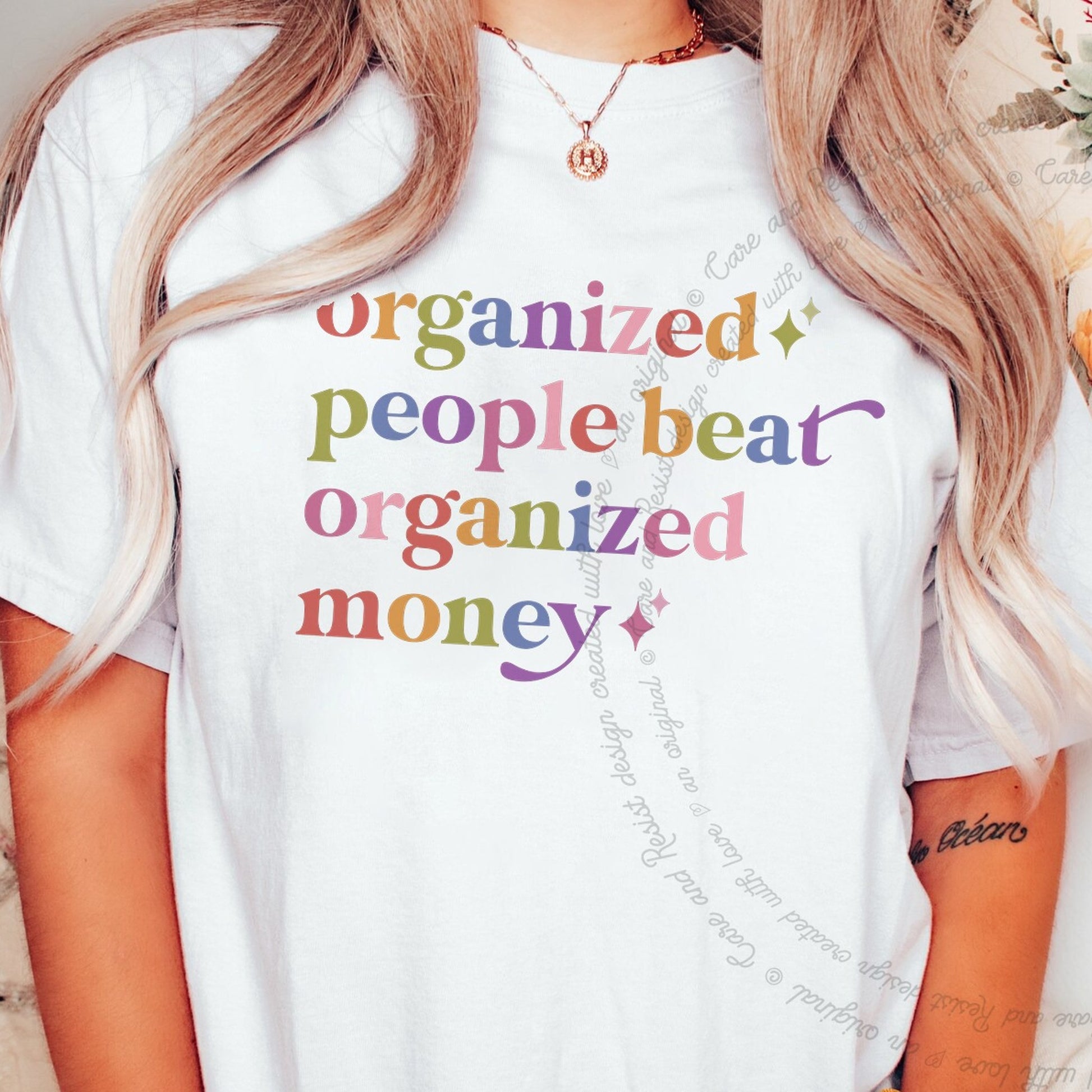 Organized People Beat Organized Money Care & Resist rainbow Comfort Colors tee, White