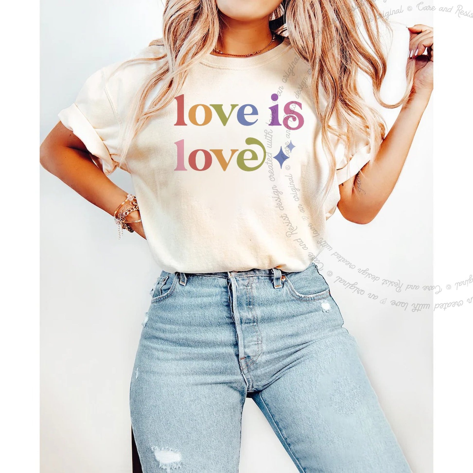 Love is Love Care & Resist rainbow Comfort Colors tee, Ivory
