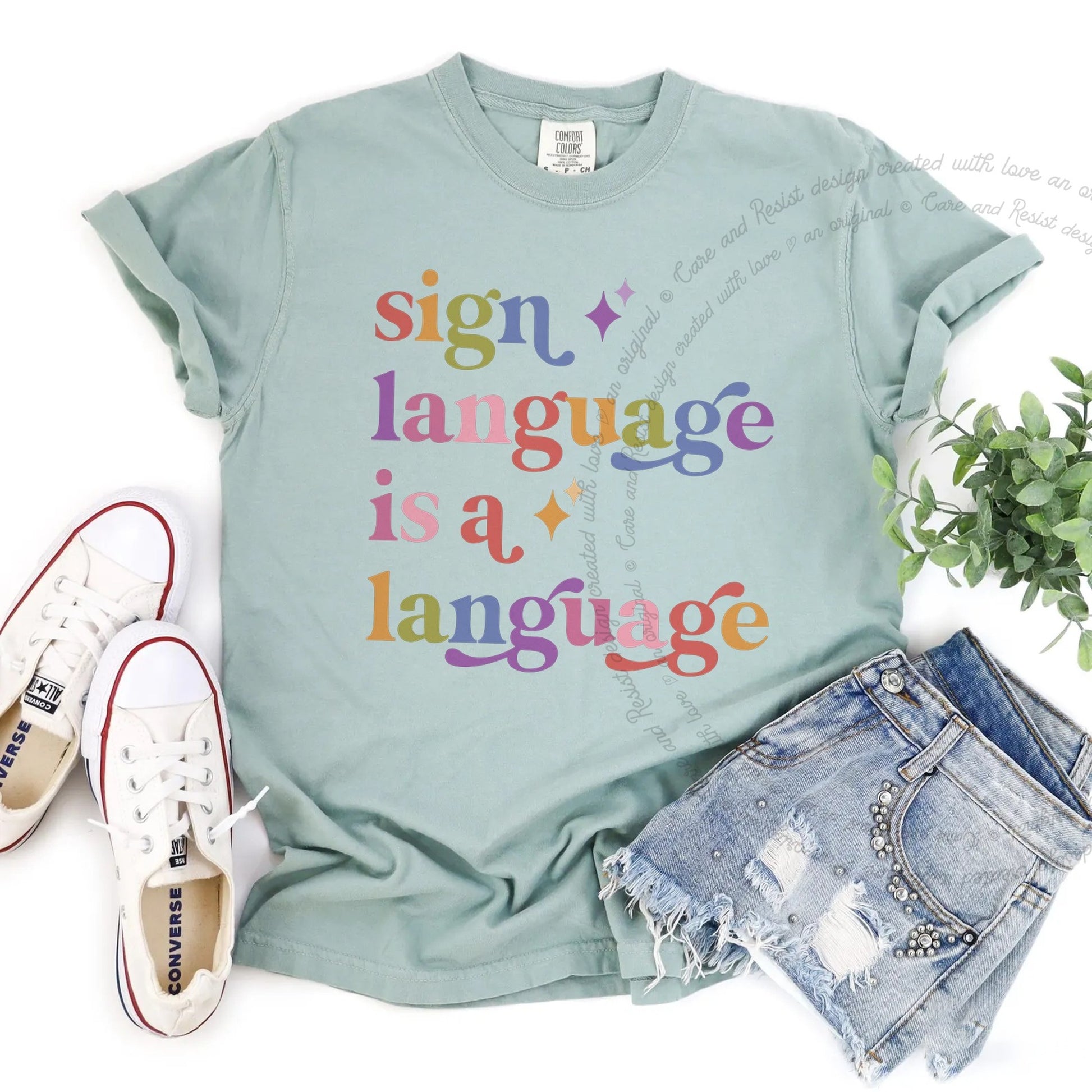 Sign Language is a Language Care & Resist rainbow Comfort Colors tee, Bay