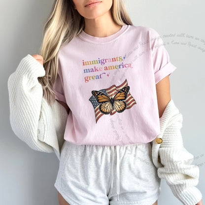 Immigrants Make America Great Care & Resist rainbow Comfort Colors tee, Blossom