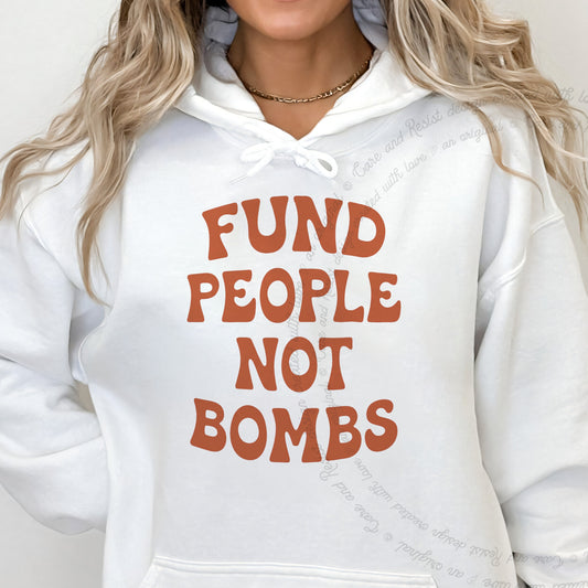Fund People not Bombs Stacked Care & Resist Gildan hoodie in White