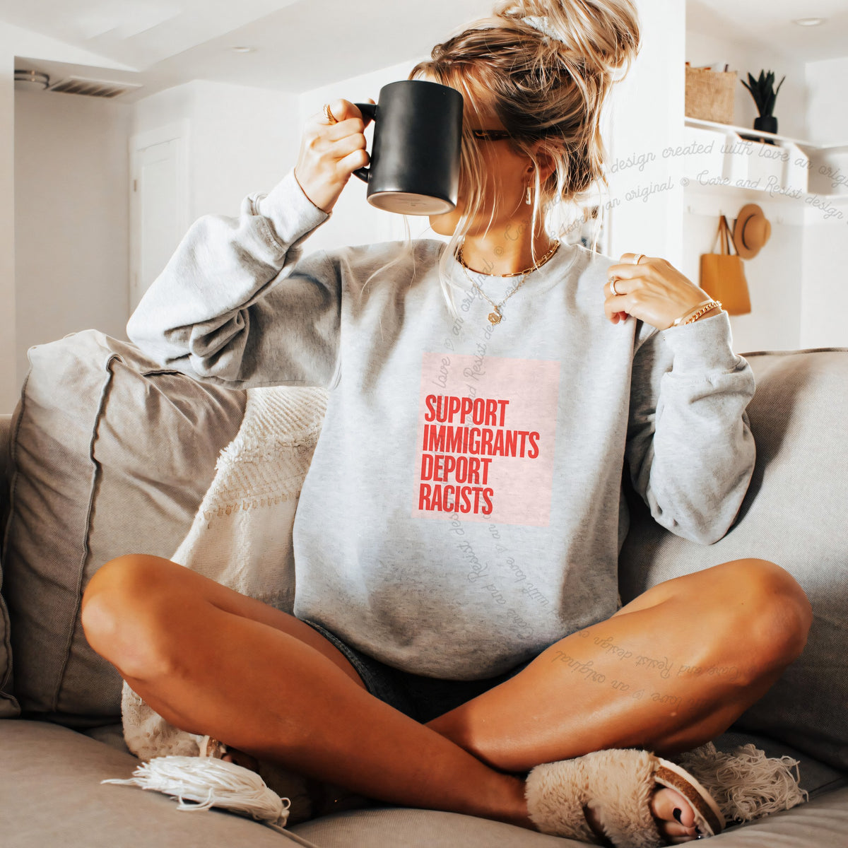Support Immigrants Deport Racists Care & Resist Gildan crewneck sweatshirt in Sport Grey