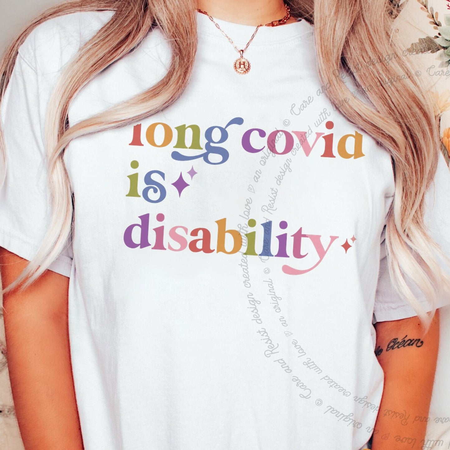 Long Covid is Disability Care & Resist rainbow Comfort Colors tee, White