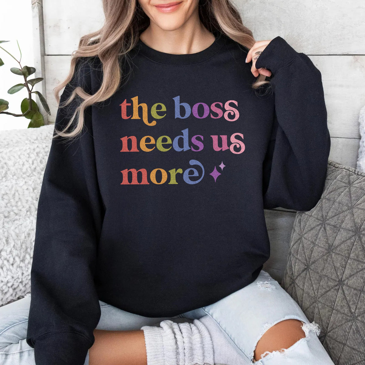 The Boss Needs Us More Care & Resist Gildan crewneck sweatshirt in Black