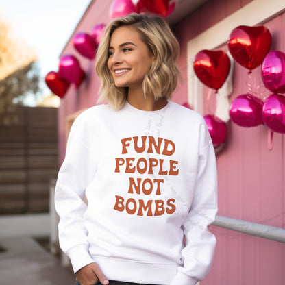 Fund People not Bombs Stacked Care & Resist Gildan crewneck sweatshirt in White