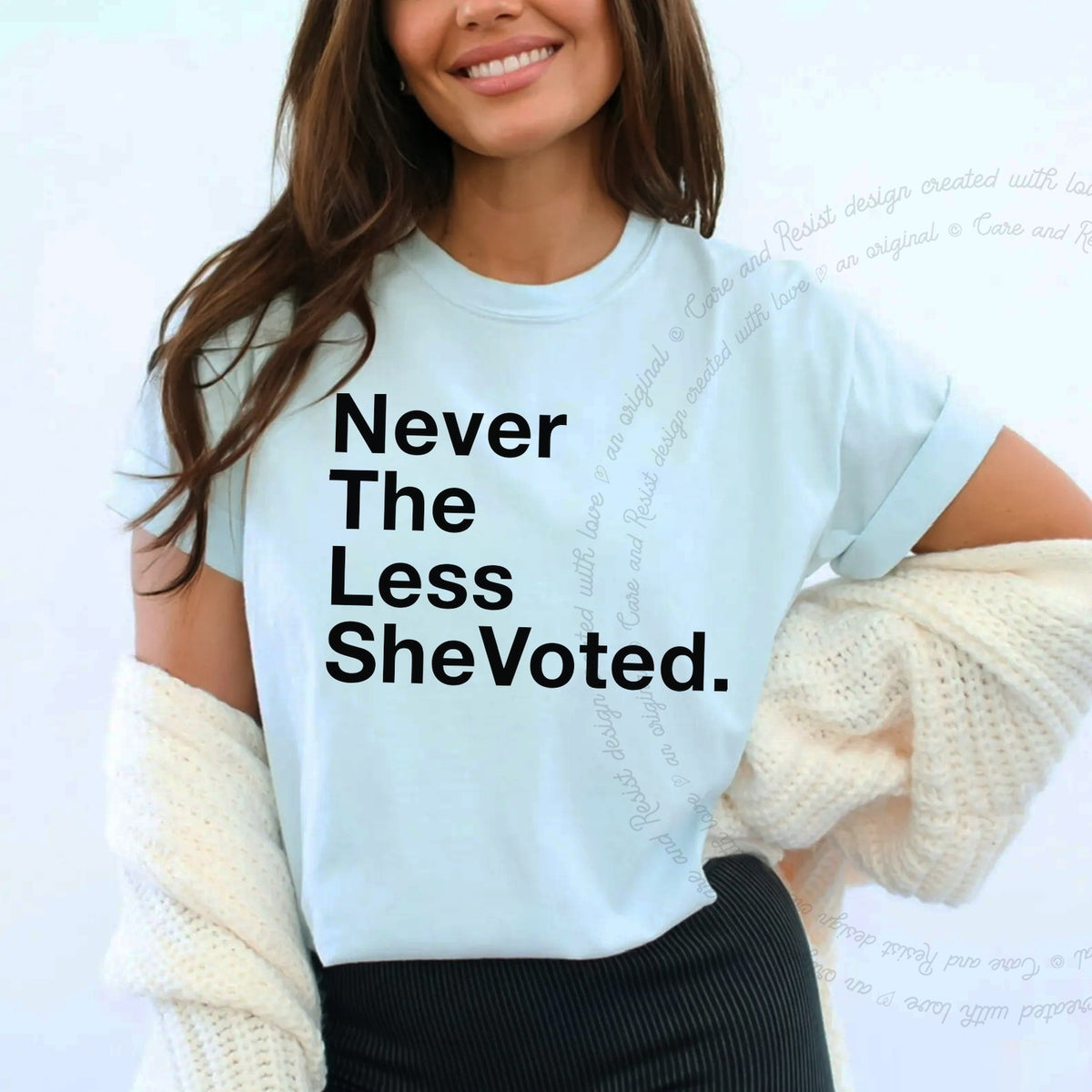 Nevertheless She Voted Care & Resist progressive t-shirt in Chambray