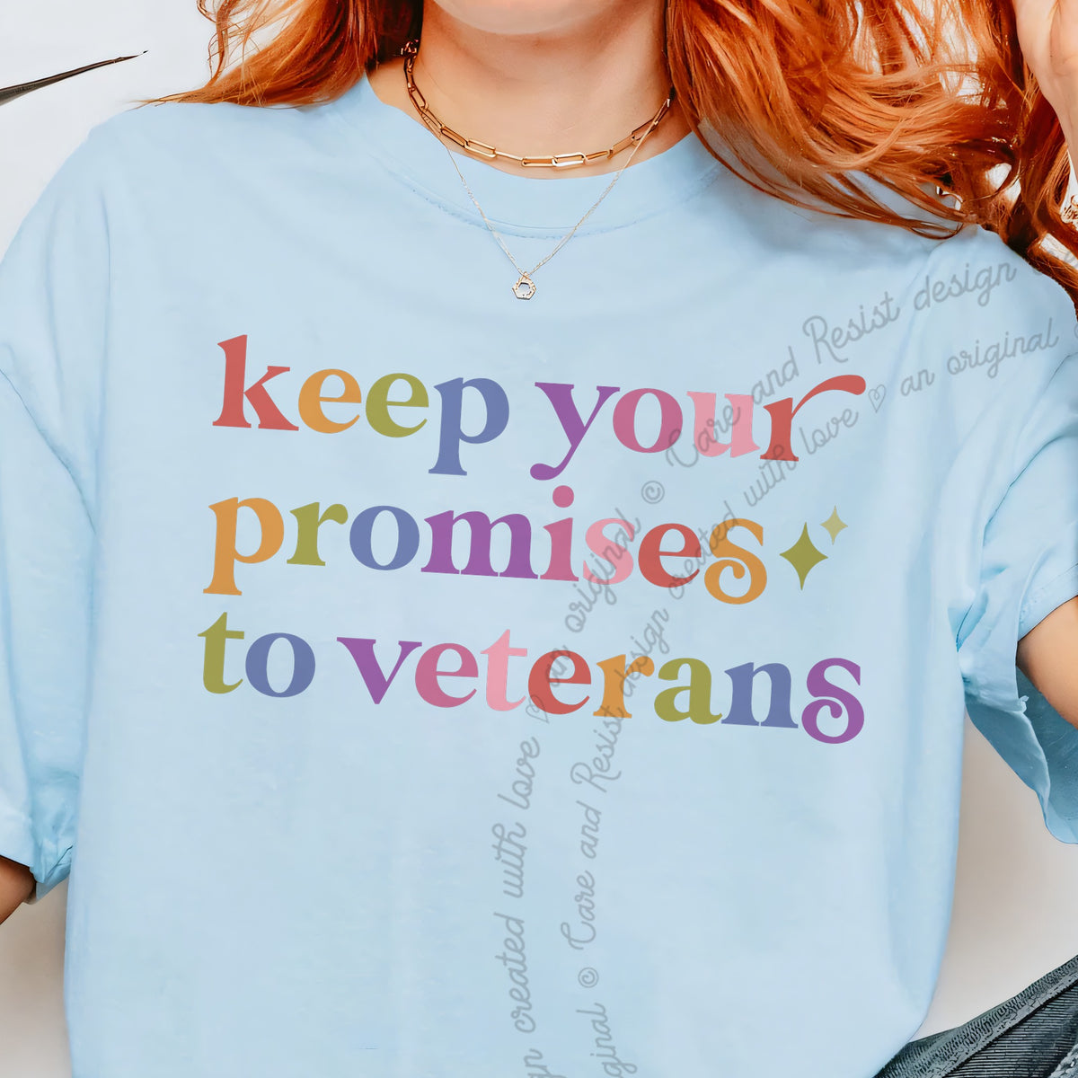 Keep Your Promises to Veterans Care & Resist progressive t-shirt in Chambray