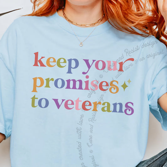 Keep Your Promises to Veterans Care & Resist progressive t-shirt in Chambray