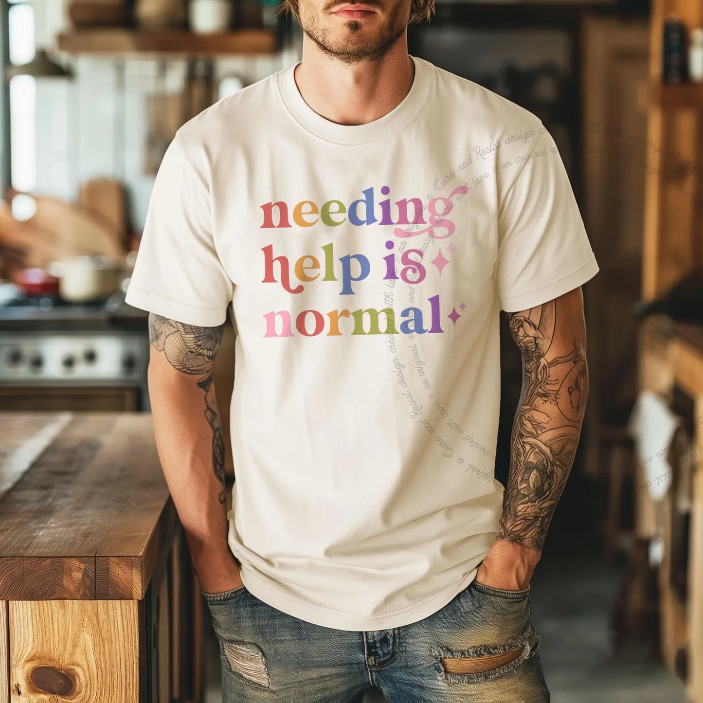Needing Help is Normal Care & Resist rainbow Comfort Colors tee, Ivory