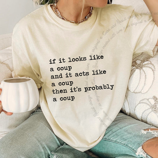 If It Looks Like a Coup and It Acts Like a Coup Then It's Probably a Coup Care & Resist progressive t-shirt in Ivory