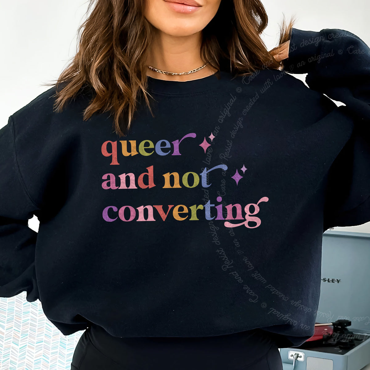Queer and not Converting Care & Resist Gildan crewneck sweatshirt in Black
