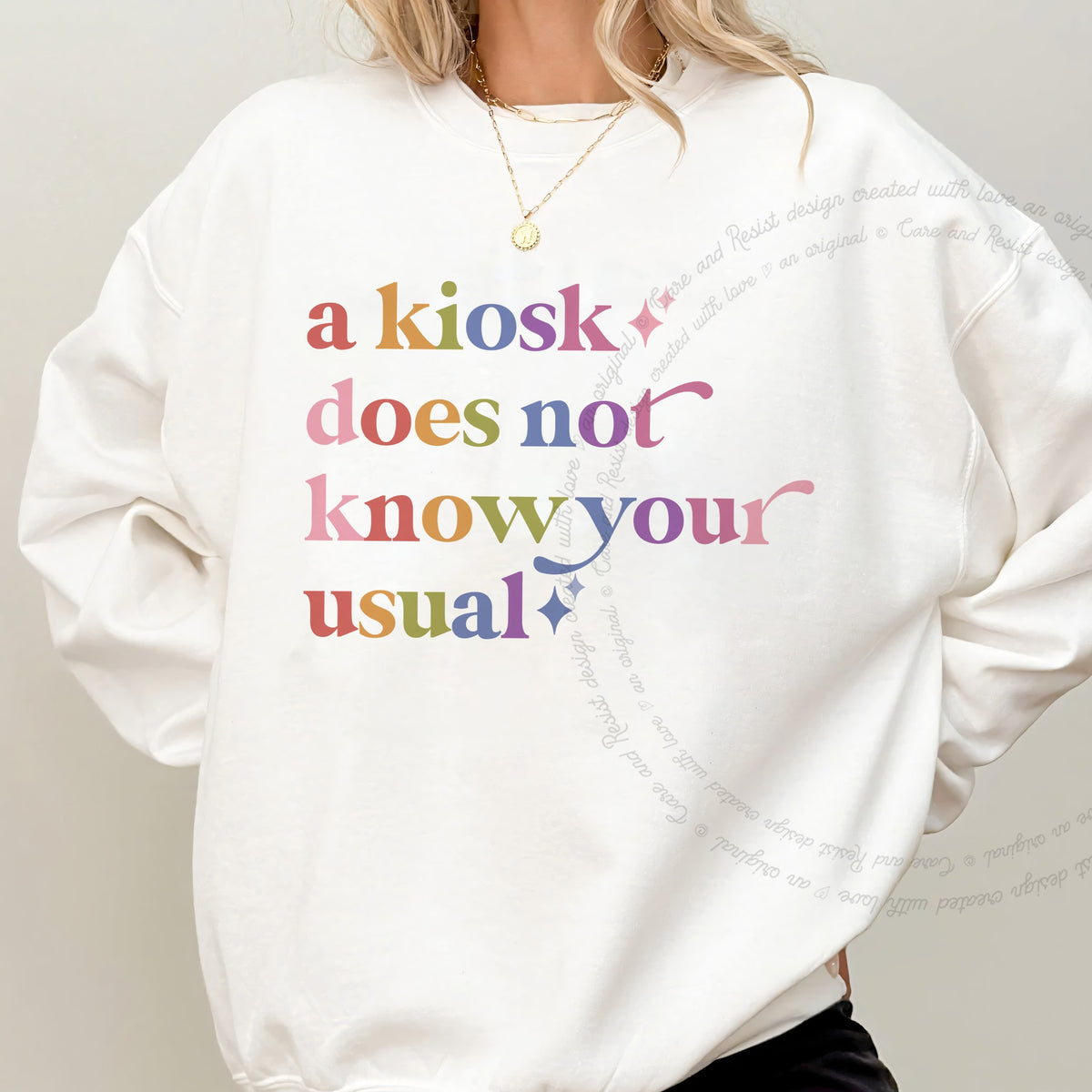 A Kiosk Does not Know Your Usual Care & Resist Gildan crewneck sweatshirt in White