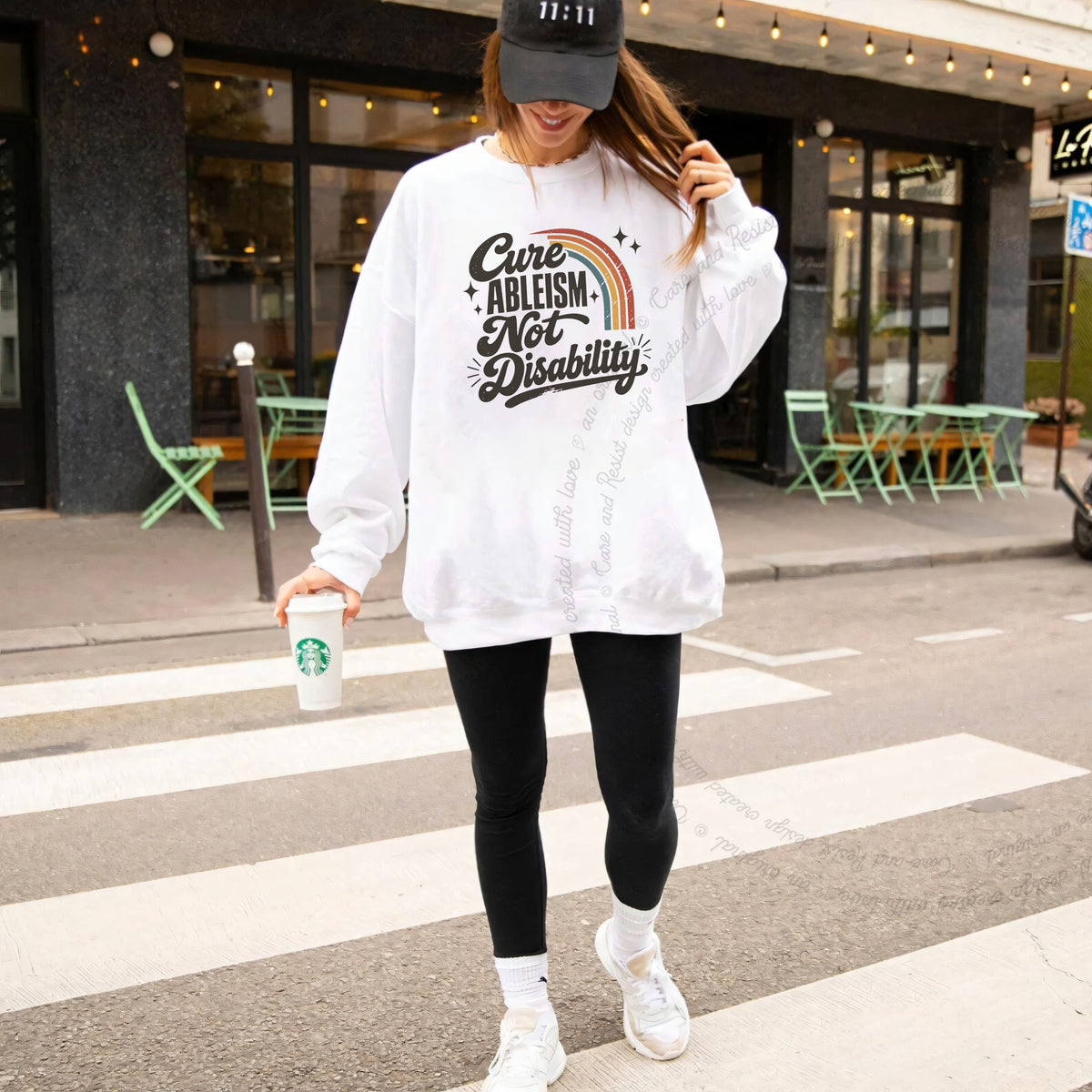 Cure Ableism not Disability Badge Care & Resist Gildan crewneck sweatshirt in White