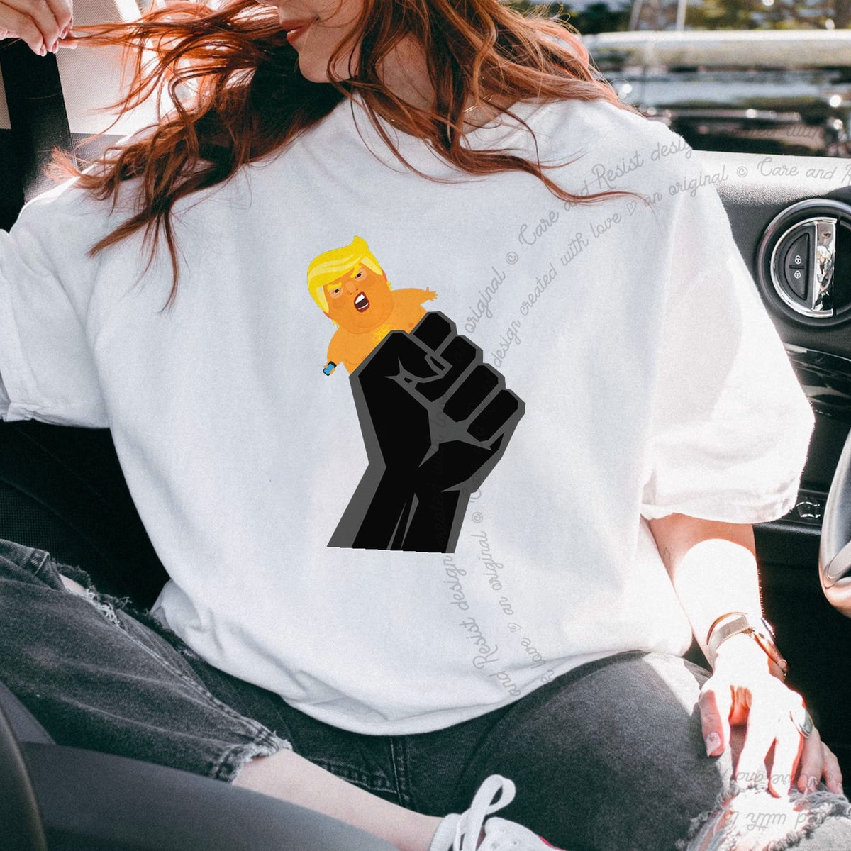Resist Fist and Trump Blimp Care & Resist progressive t-shirt in White